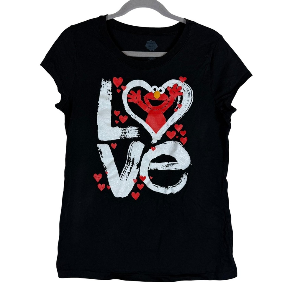 Sesame Street Elmo Shirt Juniors XXL 19 Black Love Hearts Glitter Graphic Tee